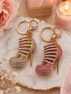 Crystal High Heel Shoe Keychain Bag Charm Gold & Pink Sparkly Bling Rhinestones